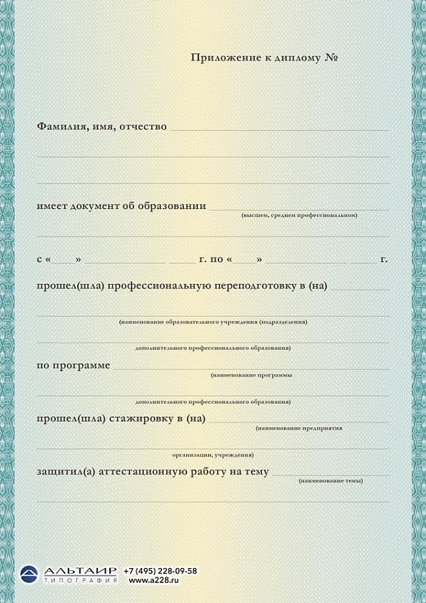 Приложение к диплому о профессиональной переподготовке "Академия" зеленое