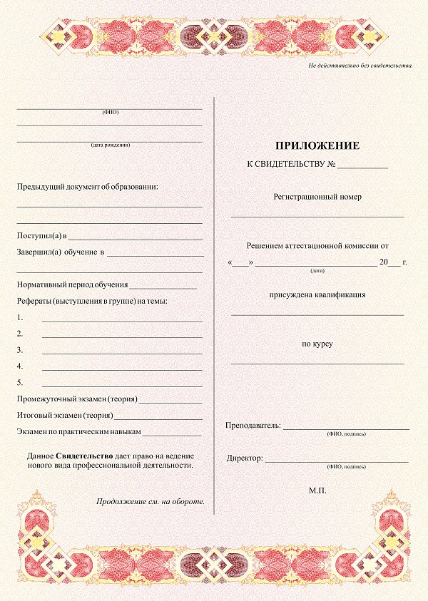 Приложение к свидетельству об обучении
