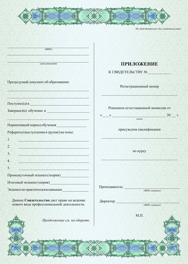 Приложение к свидетельству об обучении
