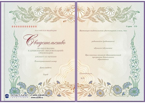 Свидетельство об обучении в дошкольной образовательной орг-ции, фиолетовая корочка