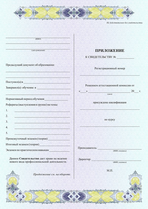 Приложение к свидетельству об обучении