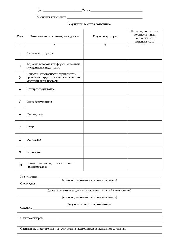 Вахтенный журнал машиниста подъемника