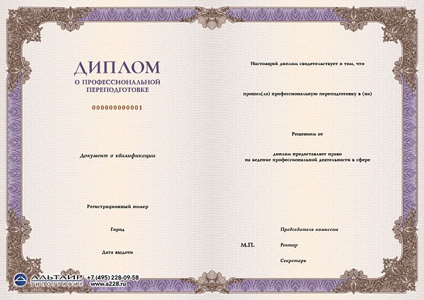 Бланк диплома о проф. переподготовке "Защищенный" Фиолетовый